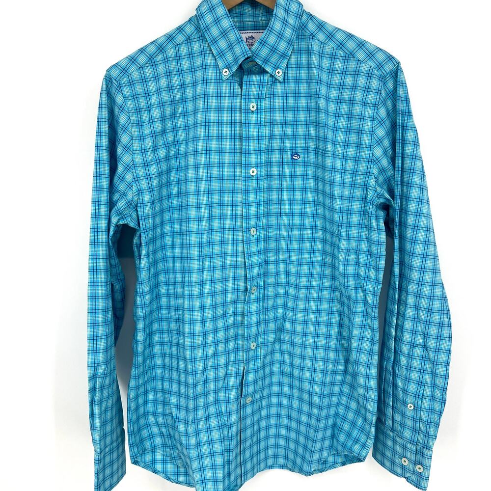 Southern Tide Aqua Blue Men's Long Sleeve Plaid Trim Fit Button Shirt Size S